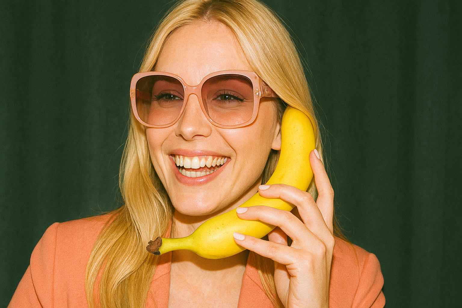 Woman using a banana as a phone