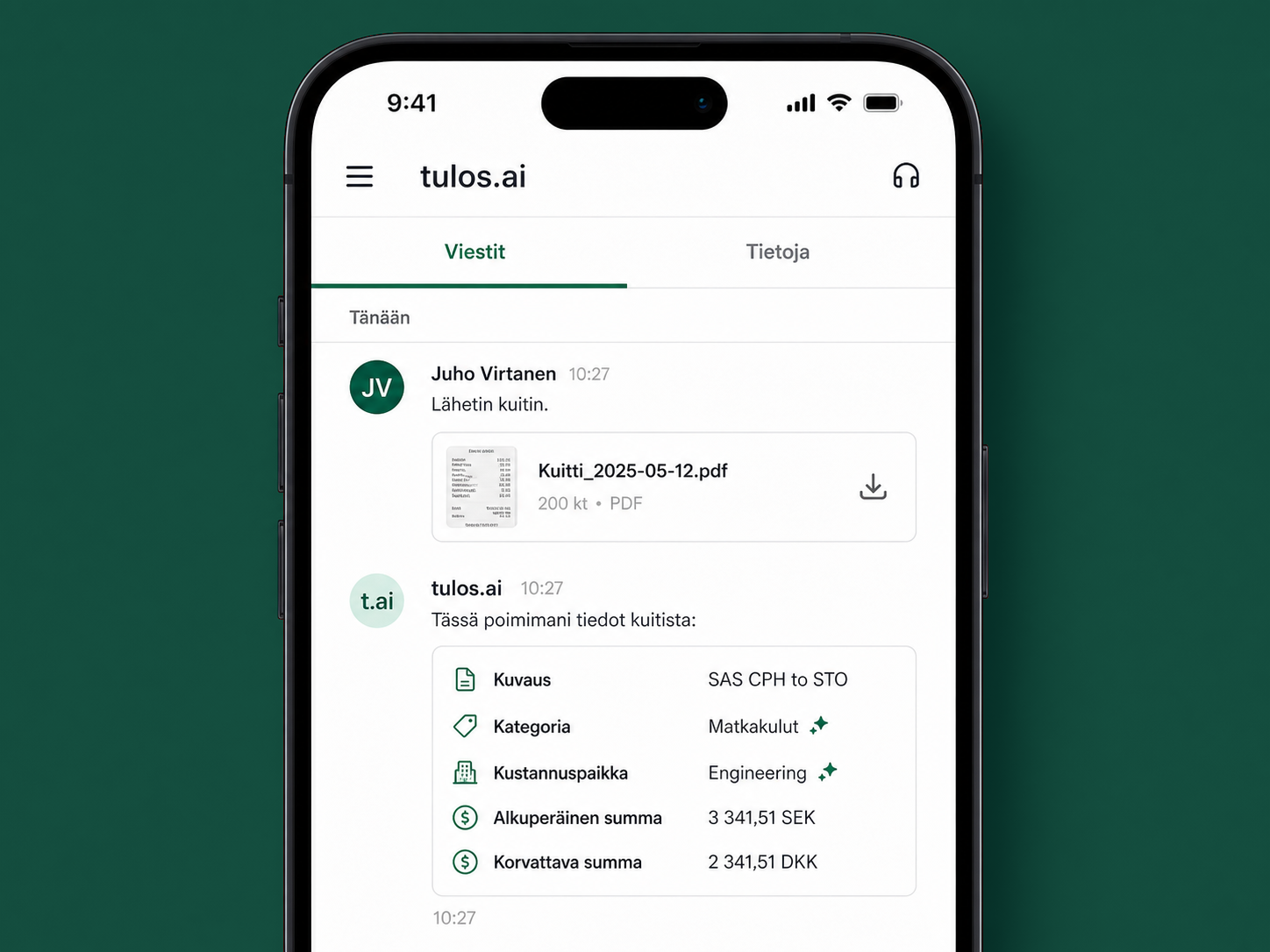 iPhone-näkymä, jossa tulos.ai-AI-avustaja ohjaa kuukauden sulun läpi